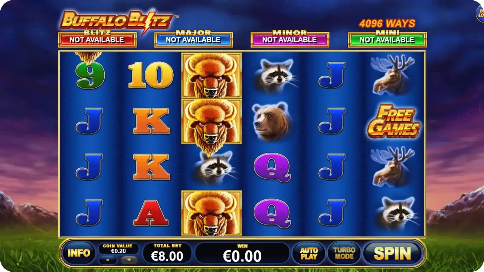 Buffalo Blitz demo base game with stacked buffalo symbols filling multiple reels during a big win
