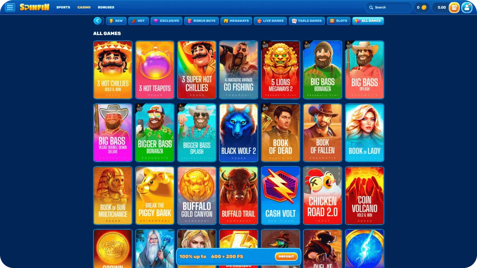 Spinfin Casino UK game collection showing slots, animal-themed games, and table categories