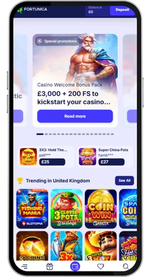 Fortunica casino homepage featuring welcome bonus offer