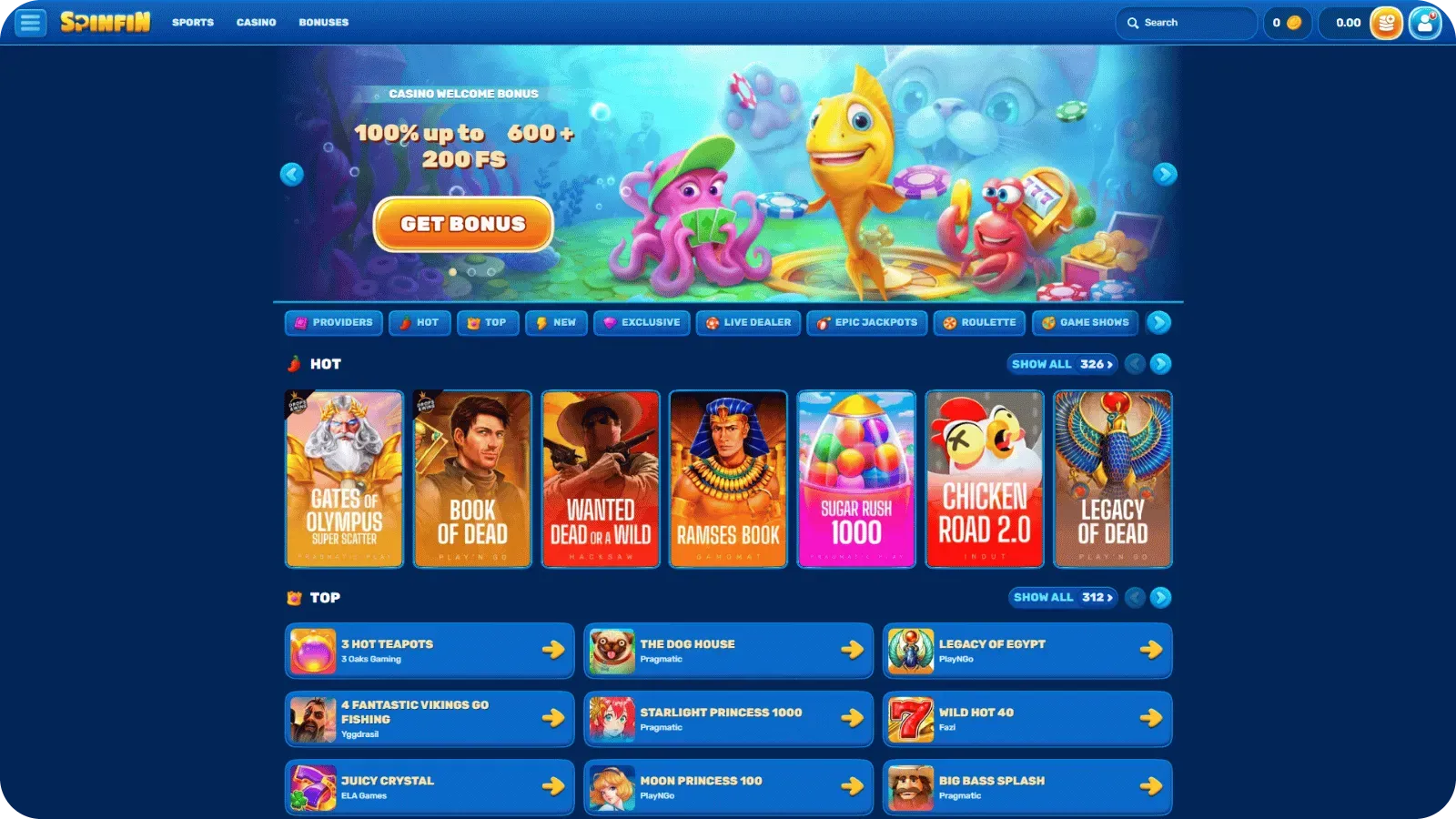 Spinfin Casino UK lobby with slot categories and animal-themed games
