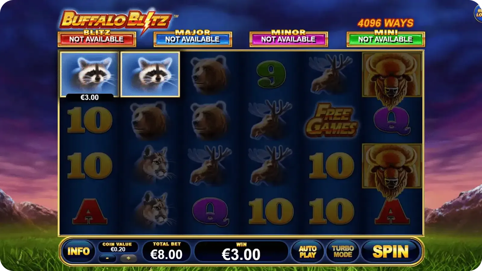 Buffalo Blitz demo play showing free play reels with stacked buffalo symbols